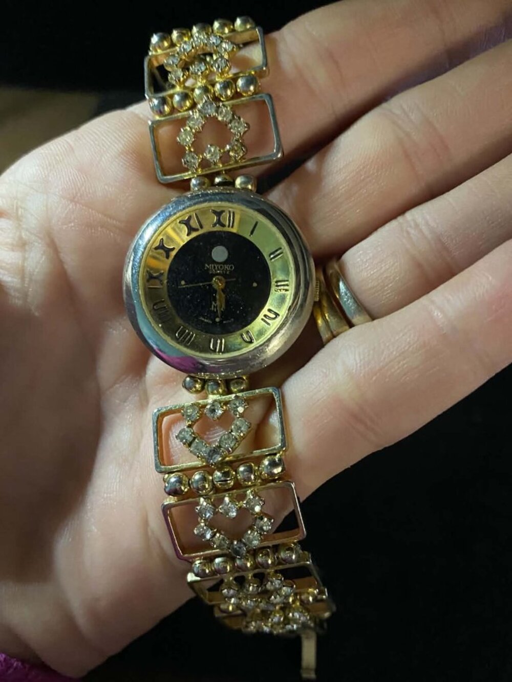 Vintage Miyoko Quartz Cocktail Rhinestone Heart Working Gold tone Watch